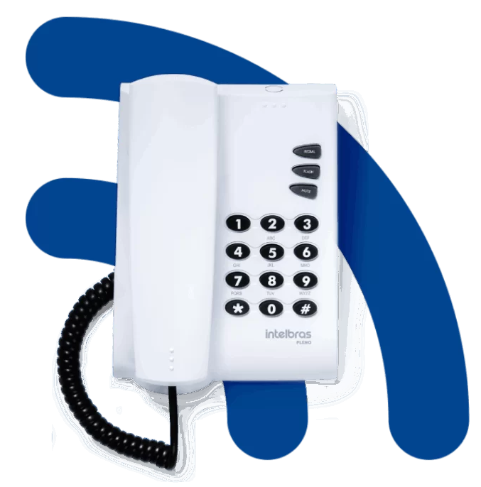 Telefone fixo moderno sobre fundo azul, oferta Meplo Telecom